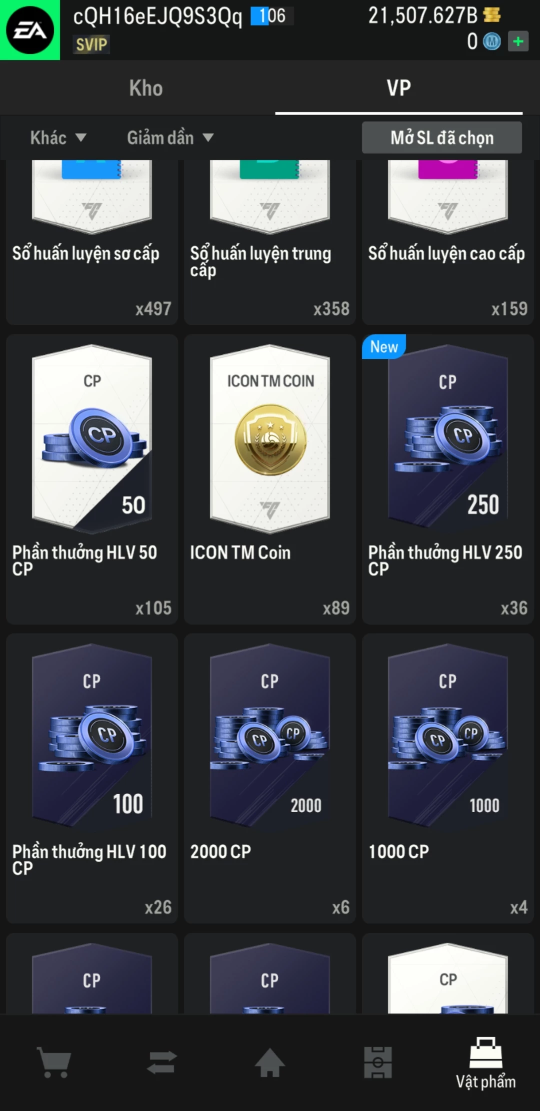 Ảnh ACC mở thẻ (LOẠI SVIP MAX) gồm 700+ đến 900+ thẻ cầu thủ từ Siêu sao đến Miền núi các loại. Có sẵn BP trắng từ 18,000 tỷ BP đến 22,000 tỷ BP, ACC còn nhiều ngày SVIP